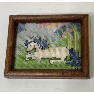 Vintage Unicorn Needlepoint Embroidery Small Framed Rainbow Retro Decor
